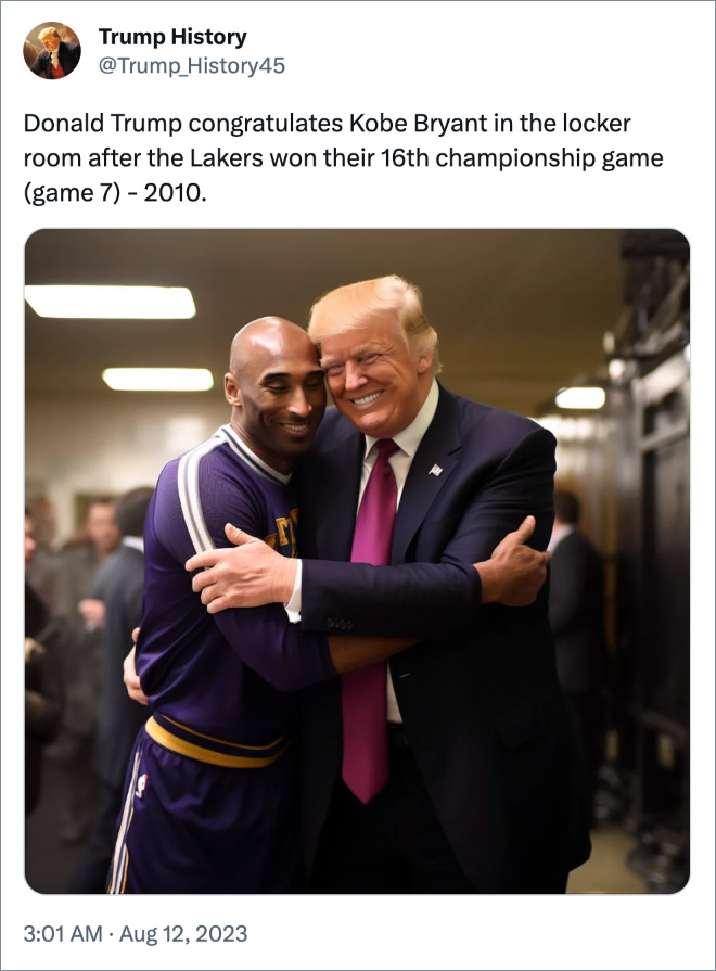 Donald Trump congratulates Kobe Bryant in the locker room after the Lakers won their 16th championship game (game 7) - 2010.