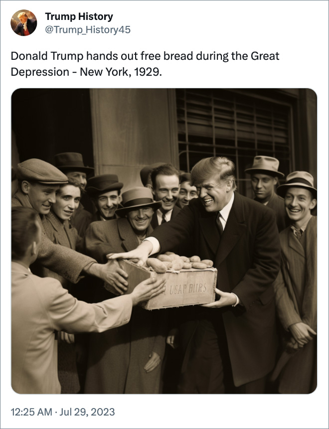Donald Trump hands out free bread during the Great Depression - New York, 1929.