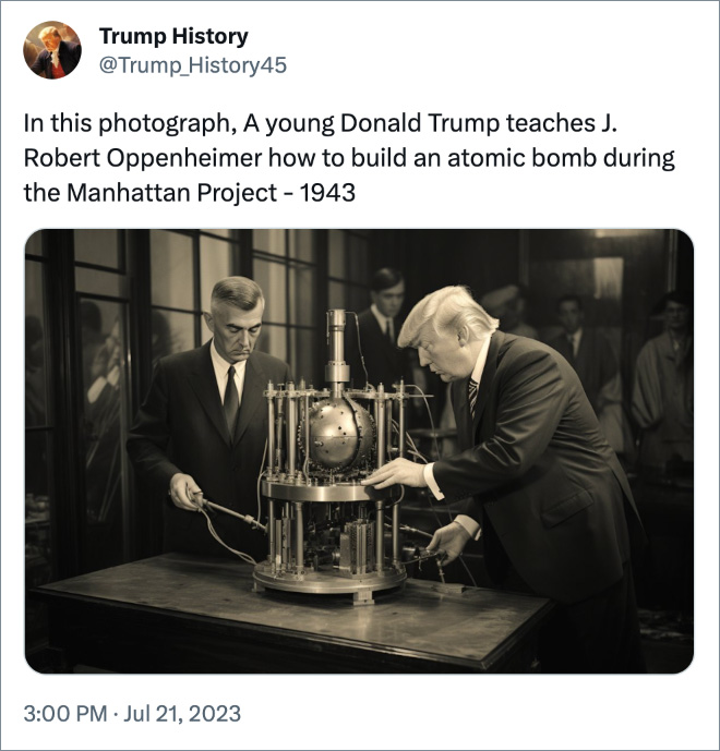 In this photograph, A young Donald Trump teaches J. Robert Oppenheimer how to build an atomic bomb during the Manhattan Project - 1943