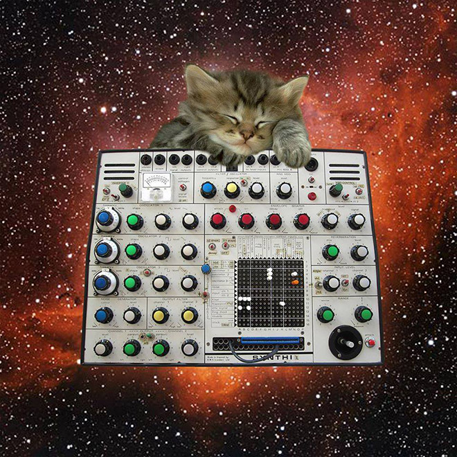 Cat on synthesizer in space.