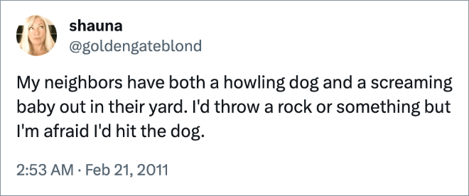 My neighbors have both a howling dog and a screaming baby out in their yard. I'd throw a rock or something but I'm afraid I'd hit the dog.