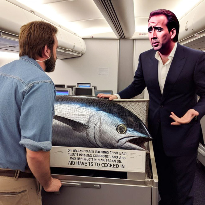 Nicolas Cage faces problems bringing huge tuna on a plane.