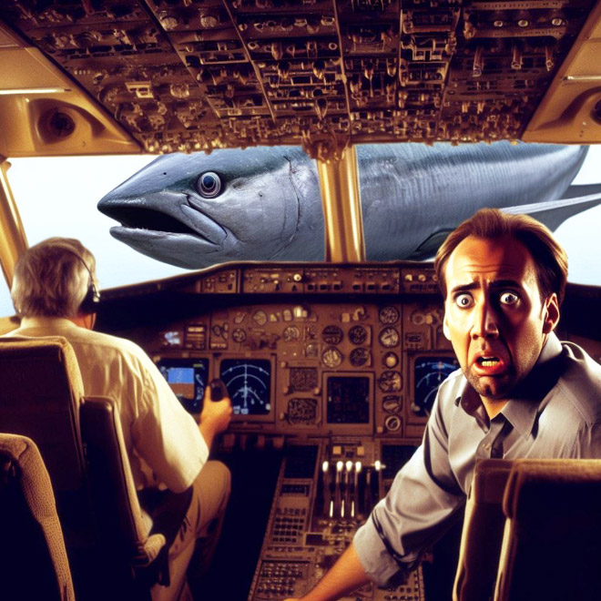 Nicolas Cage faces problems bringing huge tuna on a plane.