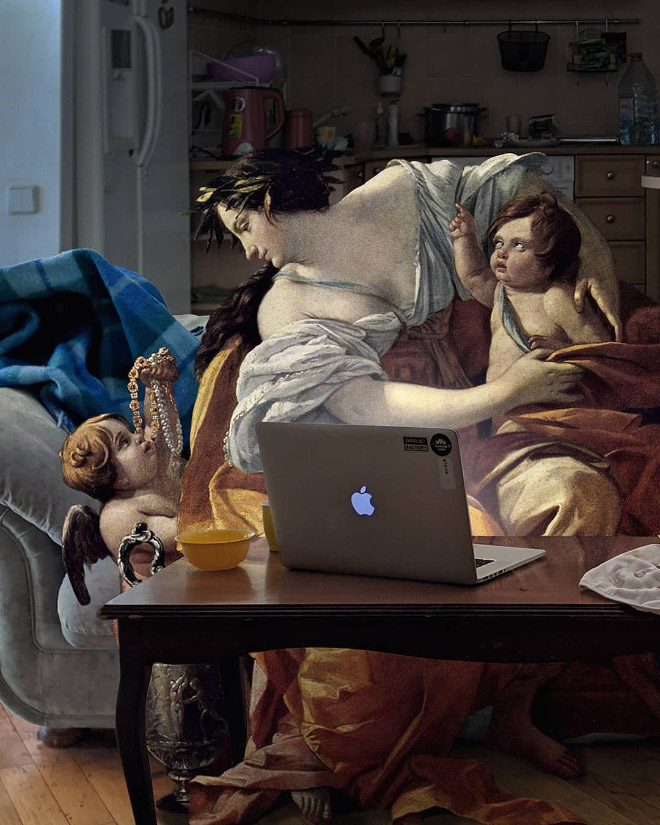 Classical painting inserted in modern world.