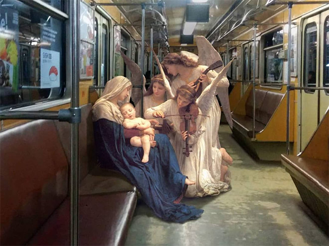 Classical painting inserted in modern world.