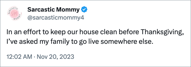 In an effort to keep our house clean before Thanksgiving, I’ve asked my family to go live somewhere else.
