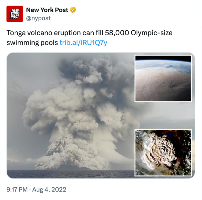 Tonga volcano eruption can fill 58,000 Olympic-size swimming pools