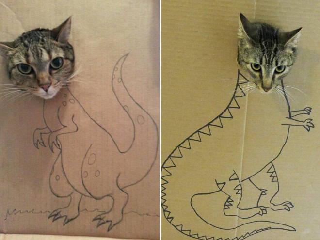 Cardboard dinosaur cats.