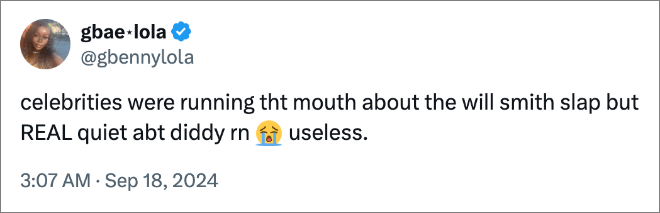 celebrities were running tht mouth about the will smith slap but REAL quiet abt diddy rn