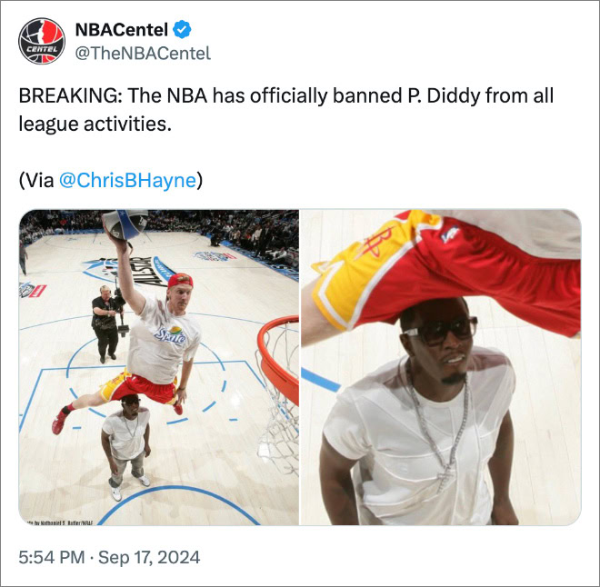 BREAKING: The NBA has officially banned P. Diddy from all league activities.