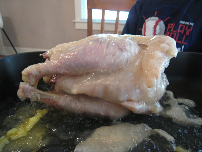 Whole cooked chicken in a can.