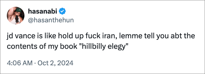 jd vance is like hold up fuck iran, lemme tell you abt the contents of my book "hillbilly elegy"