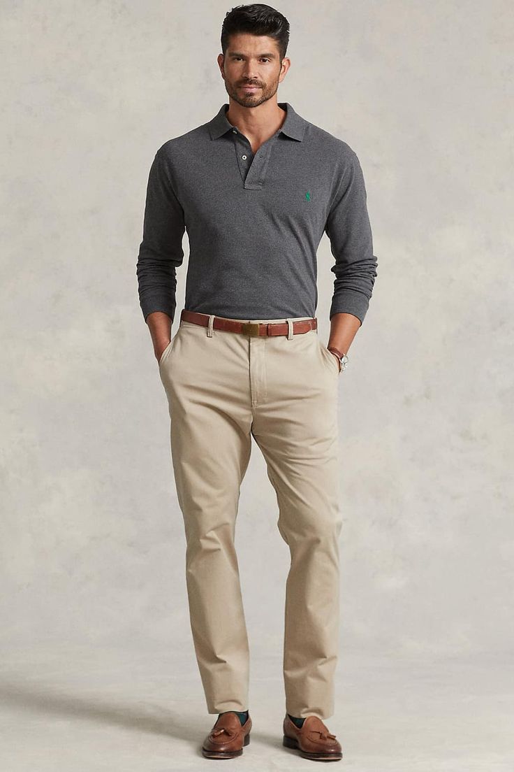 Khaki Pants, Long Sleeve Knitted Grey Polo Shirt