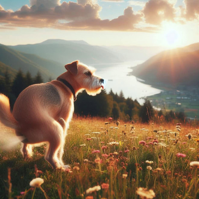 AI-generated picture of dog pooping in a beautiful place.