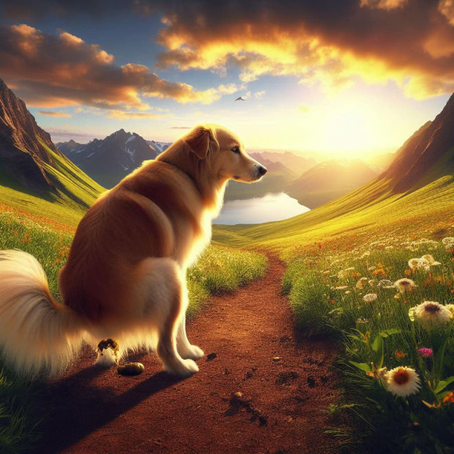 AI-generated picture of dog pooping in a beautiful place.