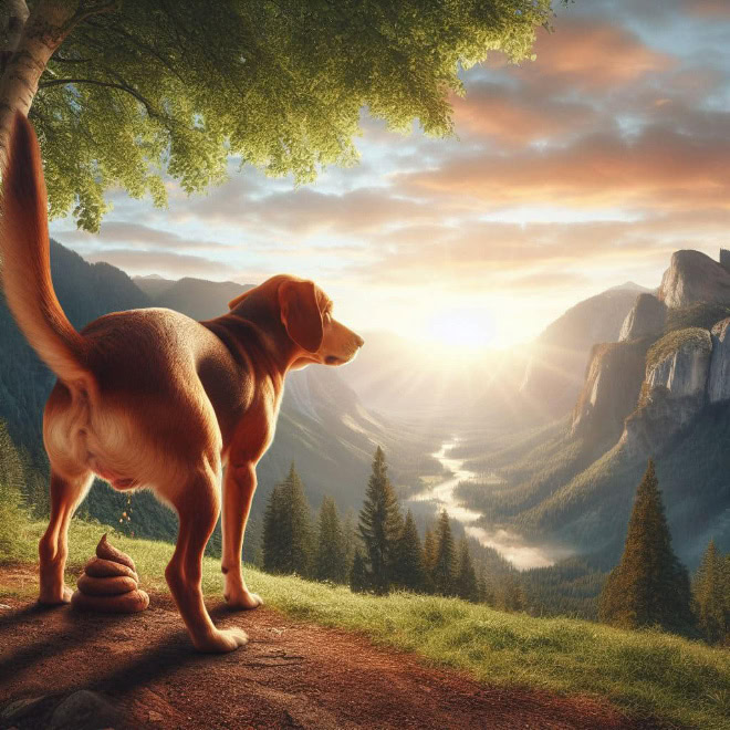 AI-generated picture of dog pooping in a beautiful place.