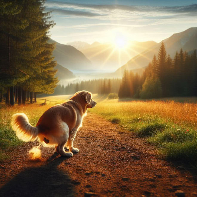 AI-generated picture of dog pooping in a beautiful place.