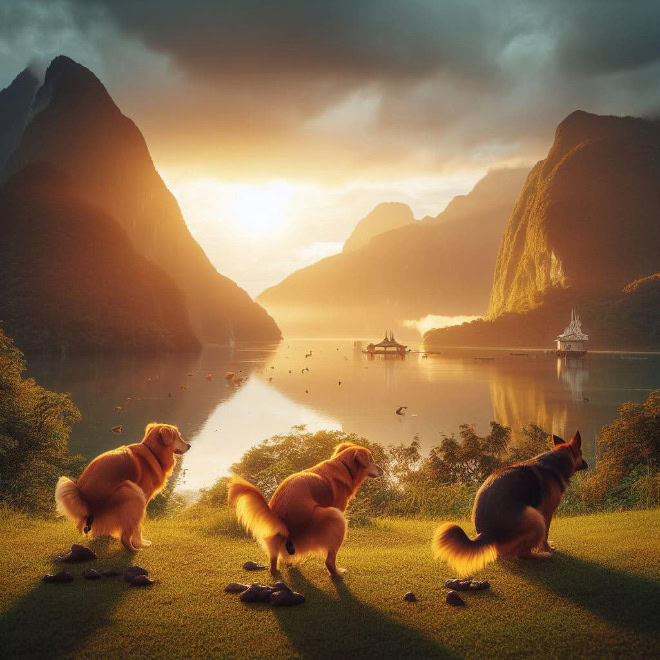 AI-generated picture of dogs pooping in a beautiful place.