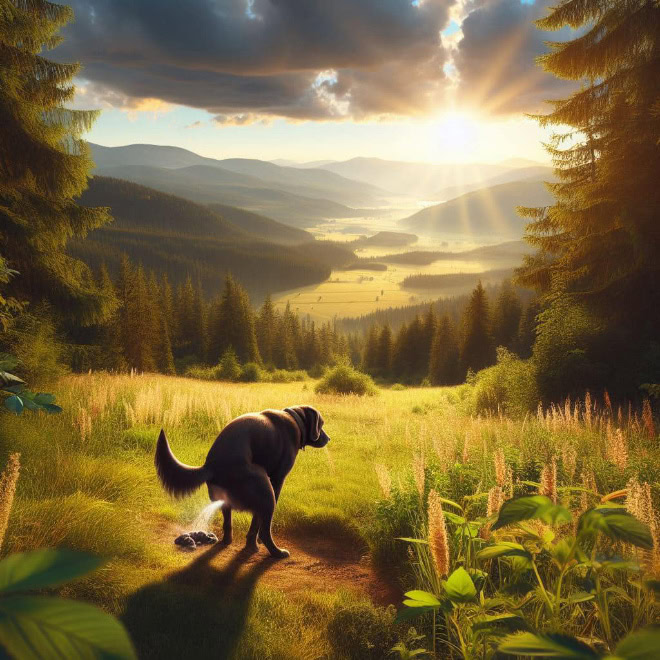 AI-generated picture of dog pooping in a beautiful place.