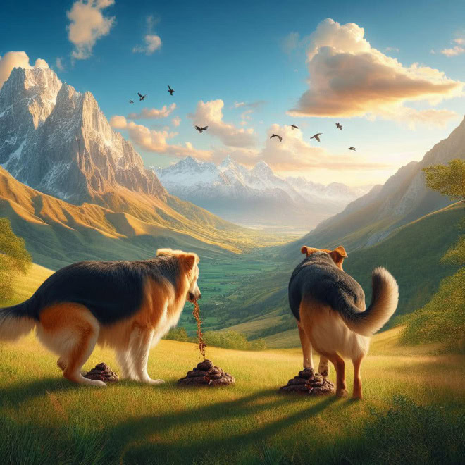 AI-generated picture of dogs pooping in a beautiful place.