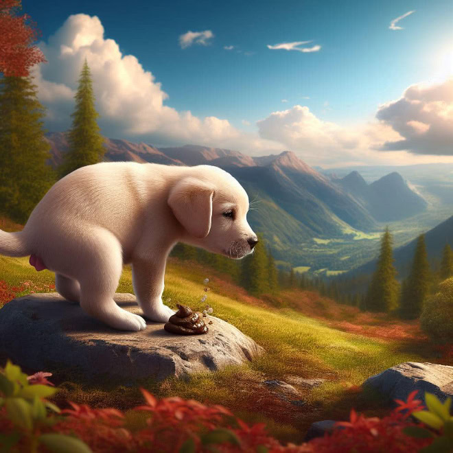 AI-generated picture of dog pooping in a beautiful place.