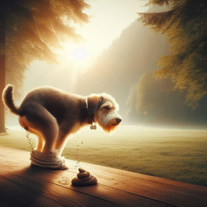 AI-generated picture of dog pooping in a beautiful place.