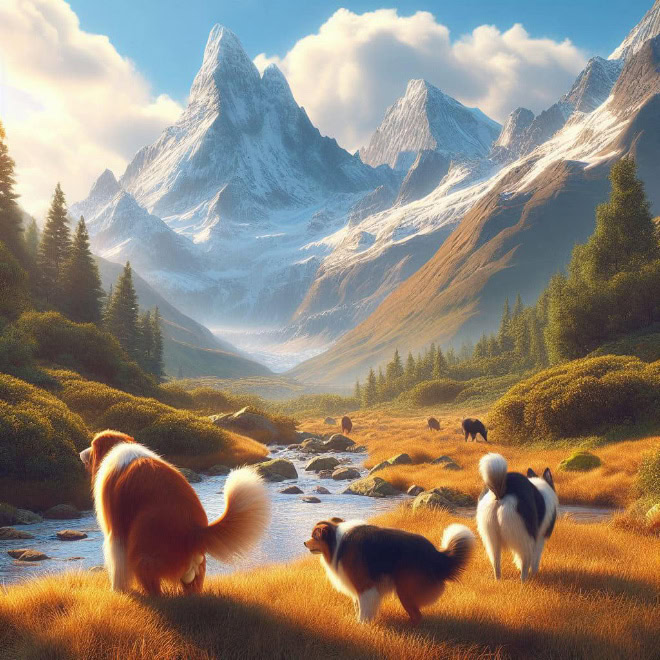 AI-generated picture of dogs pooping in a beautiful place.