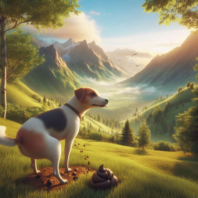 AI-generated picture of dog pooping in a beautiful place.