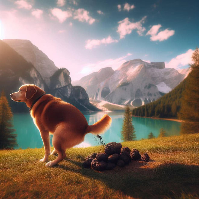 AI-generated picture of dog pooping in a beautiful place.