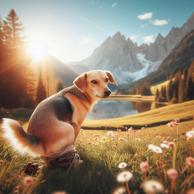 AI-generated picture of dog pooping in a beautiful place.