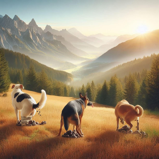 AI-generated picture of dogs pooping in a beautiful place.