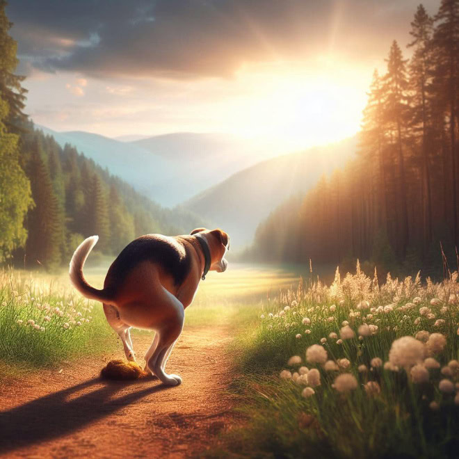 AI-generated picture of dog pooping in a beautiful place.