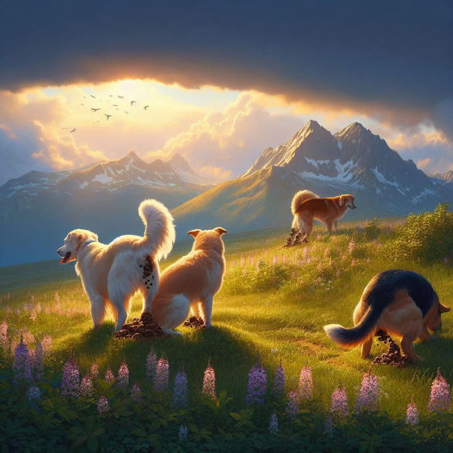 AI-generated picture of dogs pooping in a beautiful place.