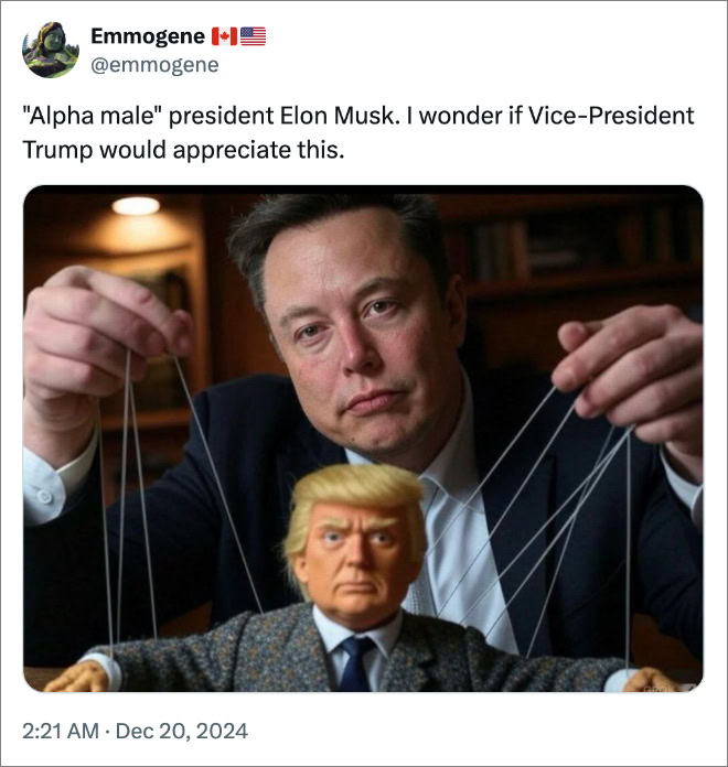 "Alpha male" president Elon Musk. I wonder if Vice-President Trump would appreciate this.