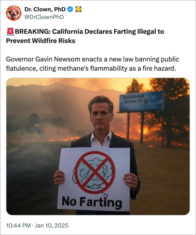 Governor Gavin Newsom enacts a new law banning public flatulence, citing methane’s flammability as a fire hazard.