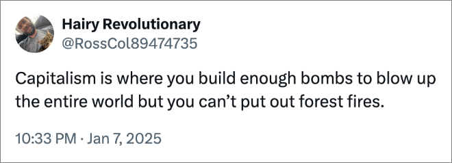 Capitalism is where you build enough bombs to blow up the entire world but you can’t put out forest fires.