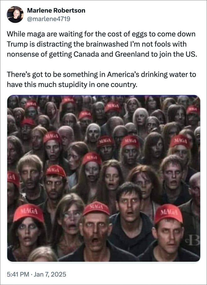 While maga are waiting for the cost of eggs to come down Trump is distracting the brainwashed I’m not fools with nonsense of getting Canada and Greenland to join the US. There’s got to be something in America’s drinking water to have this much stupidity in one country.