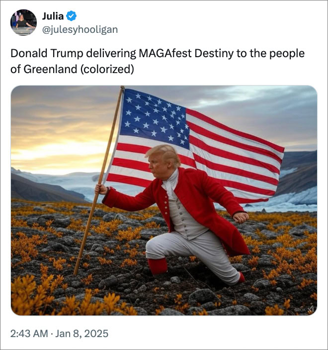 Donald Trump delivering MAGAfest Destiny to the people of Greenland (colorized)