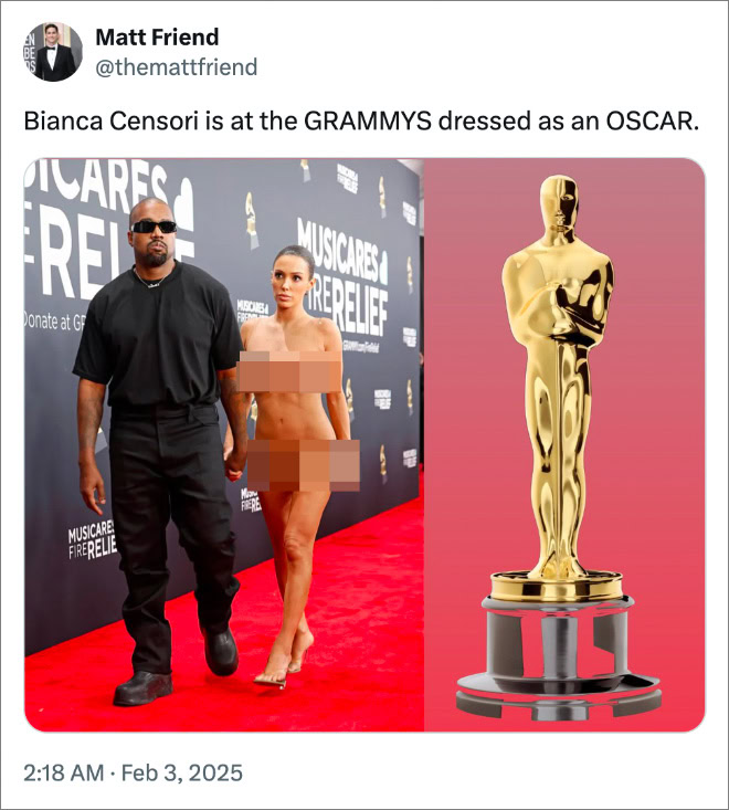 Bianca Censori is at the GRAMMYS dressed as an OSCAR.