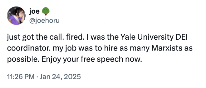 just got the call. fired. I was the Yale University DEI coordinator. my job was to hire as many Marxists as possible. Enjoy your free speech now.