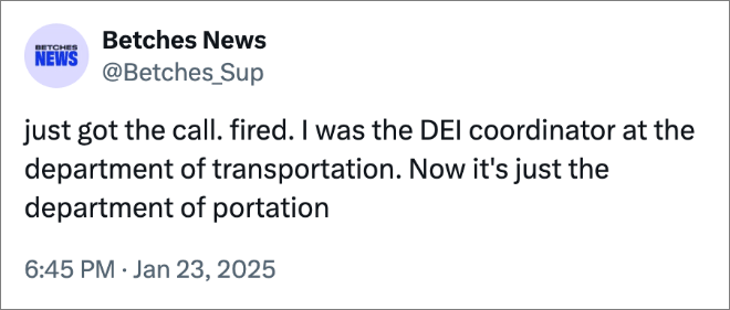 just got the call. fired. I was the DEI coordinator at the department of transportation. Now it's just the department of portation