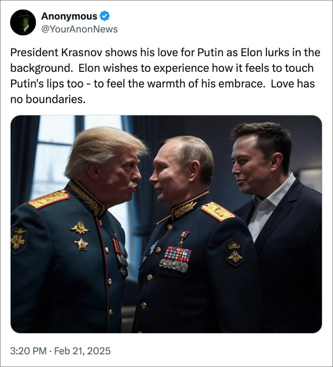 President Krasnov shows his love for Putin as Elon lurks in the background. Elon wishes to experience how it feels to touch Putin's lips too - to feel the warmth of his embrace. Love has no boundaries.