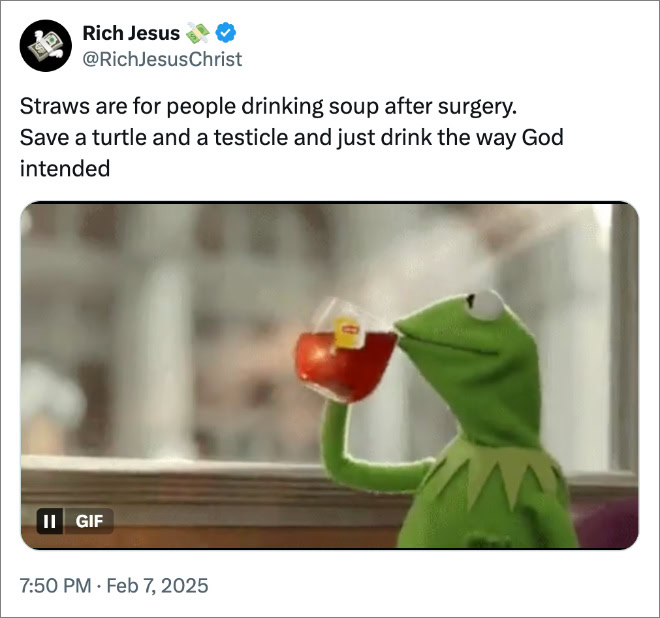 Straws are for people drinking soup after surgery. Save a turtle and a testicle and just drink the way God intended