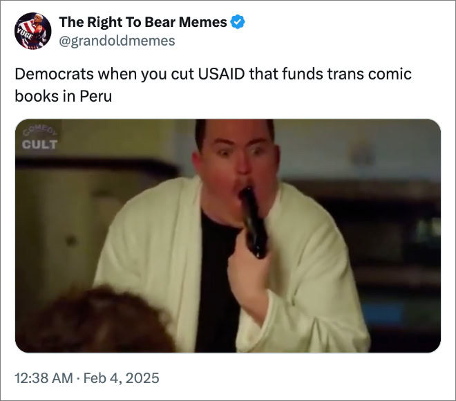 Democrats when you cut USAID that funds trans comic books in Peru