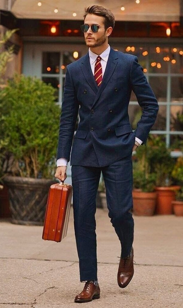 Brown Brogues with Navy Suit and White Shirt