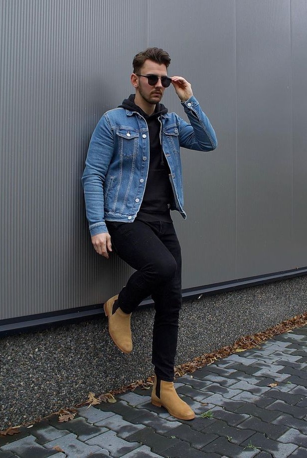 Brown Chelsea Boots with Black Jeans and Hoodie, Jacket