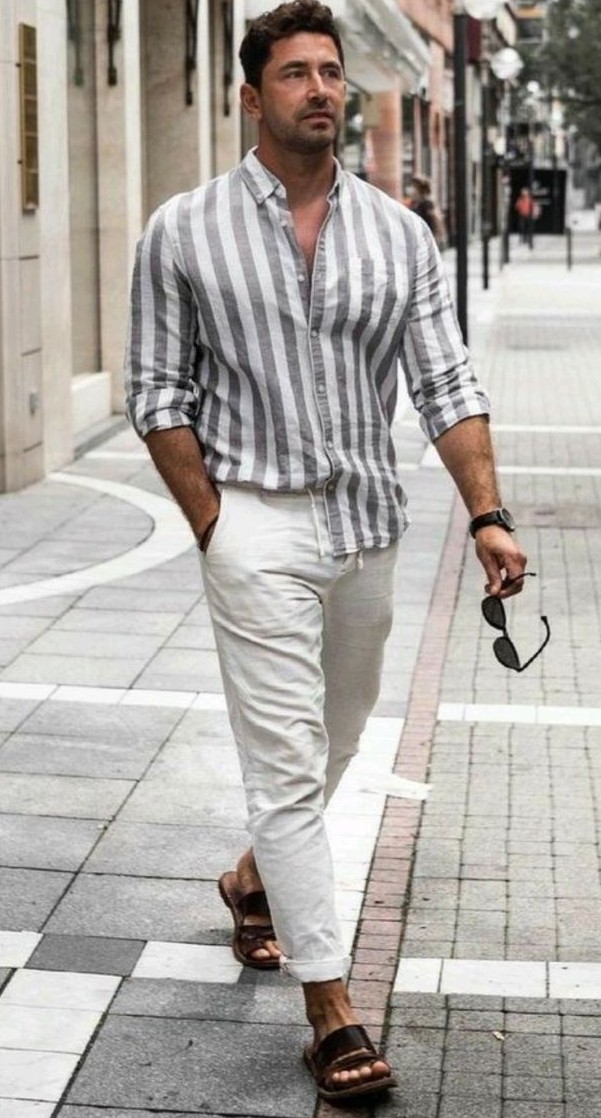Leather Sandals and Linen Pants with Printed Shirt