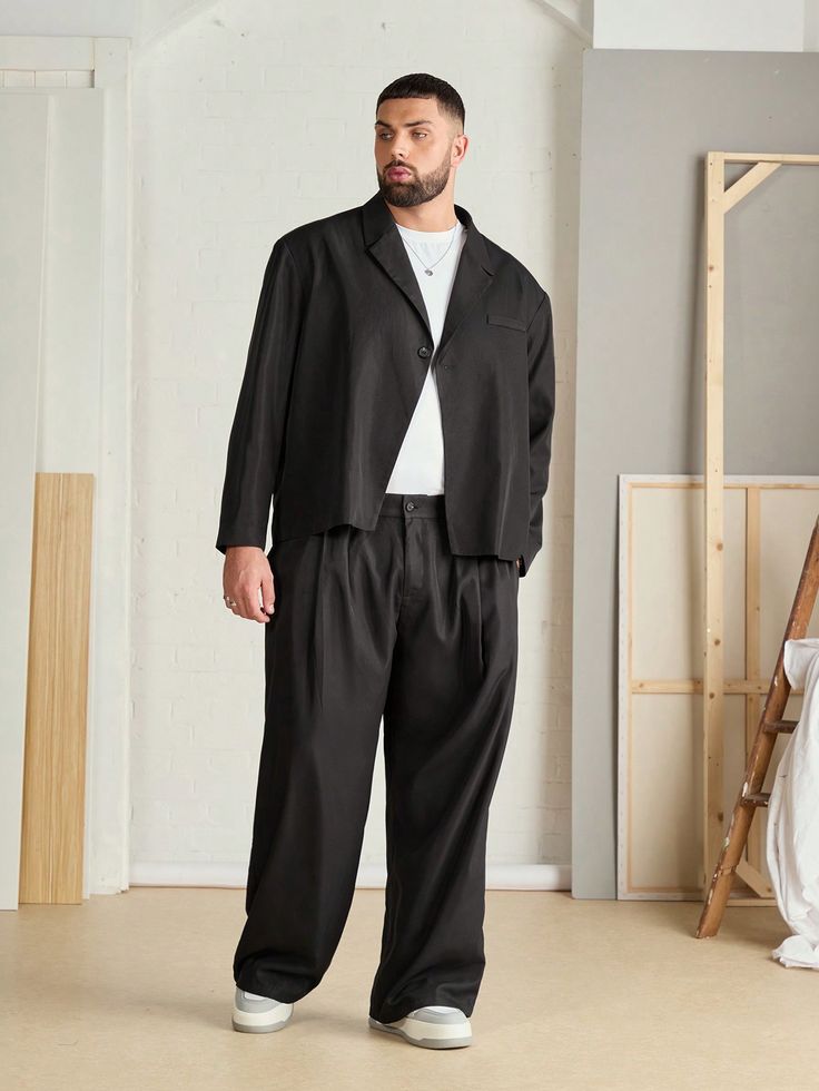 Plus Size Black Loose Woven Long Sleeve Blazer