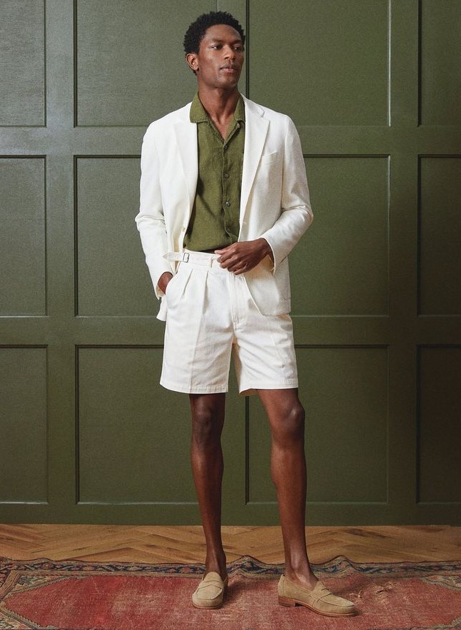 Suede Loafers with Tailored Shorts and Blazer