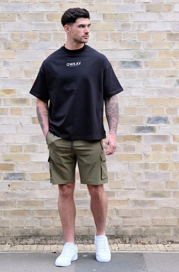 Black T-shirt With Green Cargo Shorts